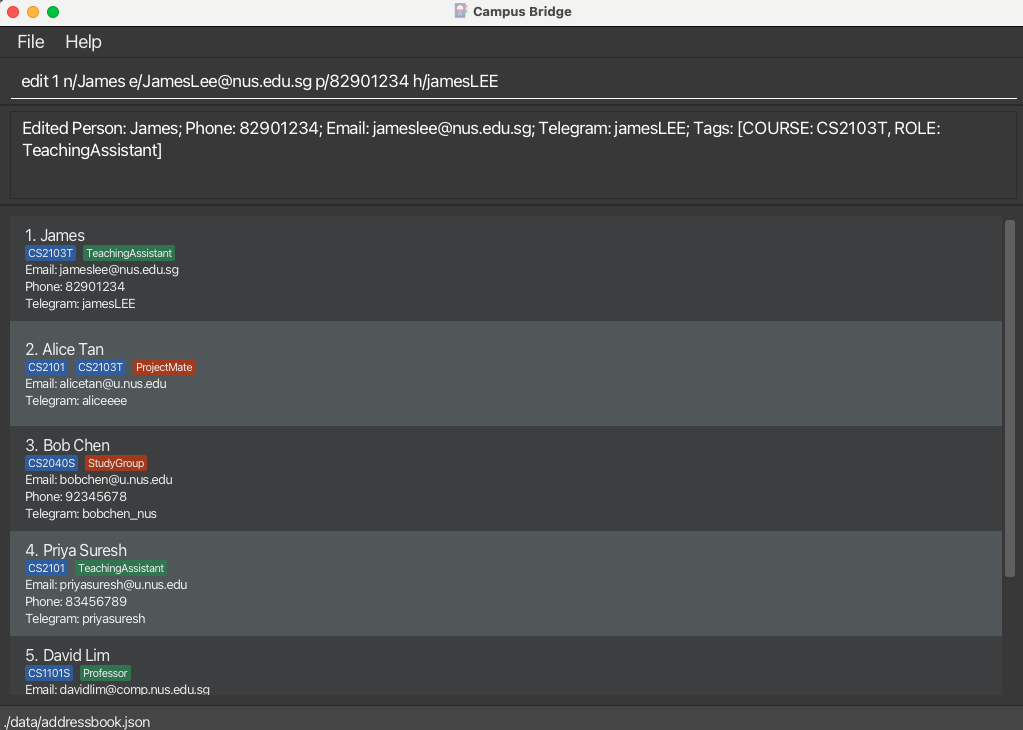 result for 'edit 1 n/James e/JamesLee@nus.edu.sg p/82901234 h/jamesLEE'