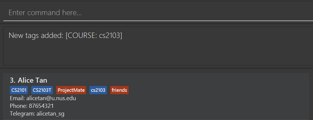 result for 'tag 3 tc/cs2103 tc/CS2103'
