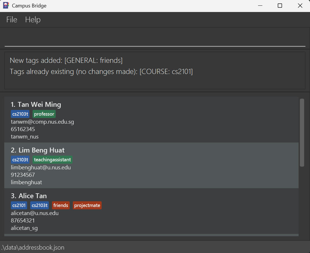 result for 'tag 3 tc/cs2101 tg/friends'